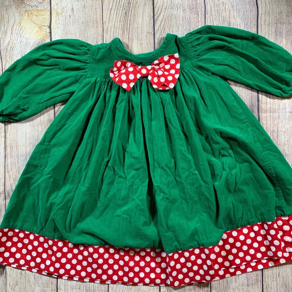 Chabre Green Corduroy Dress red polka‎ dot trim